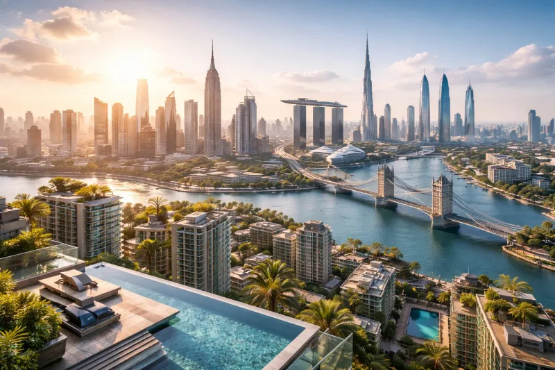 Global skyline luxury at sunset