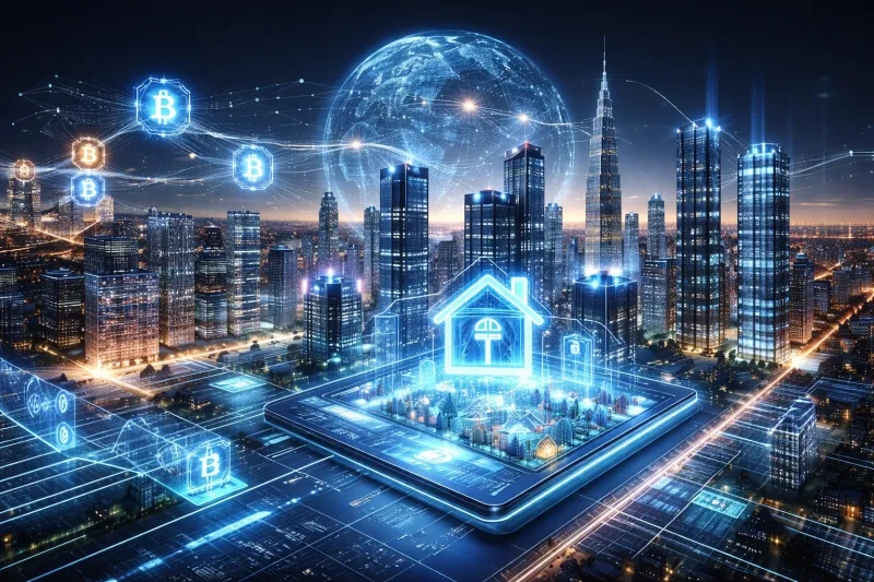 Futuristic smart city at dusk