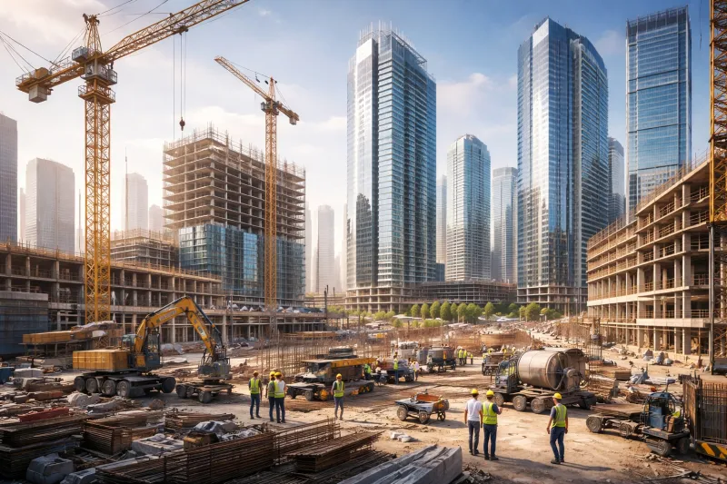 City skyline under construction at dusk