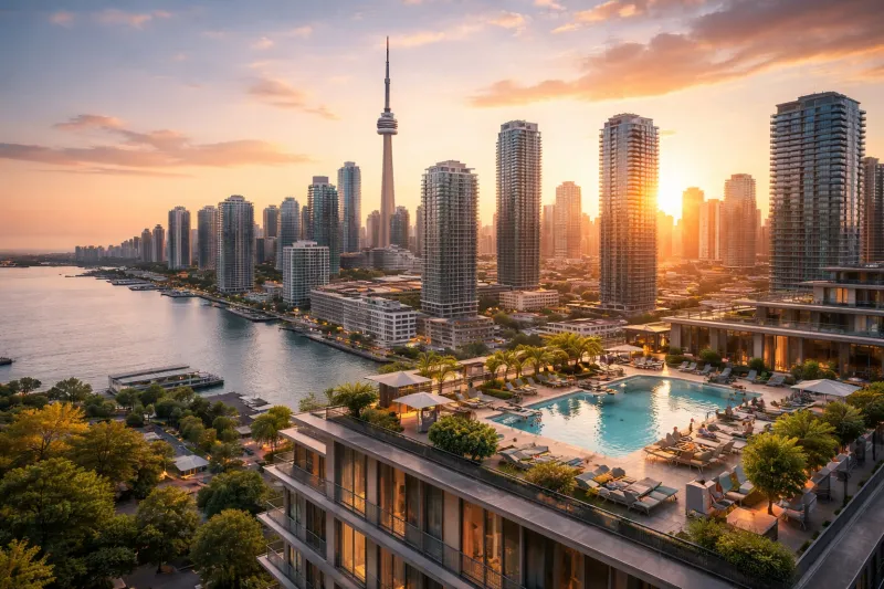 Sunset over Toronto skyline with luxury terrace