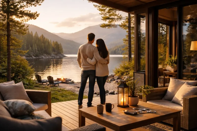 Serene lakeside evening with loved one