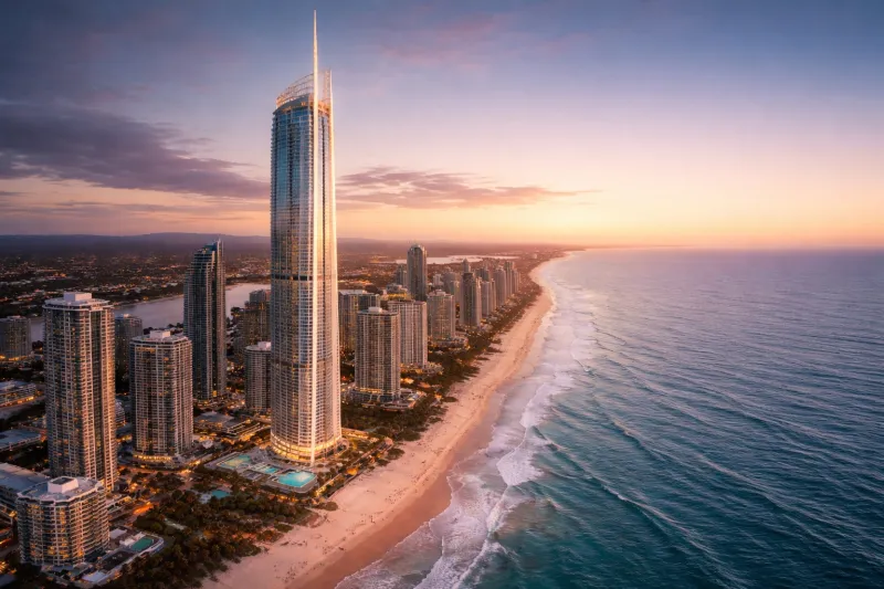 Surfers Paradise at sunset with skyscraper