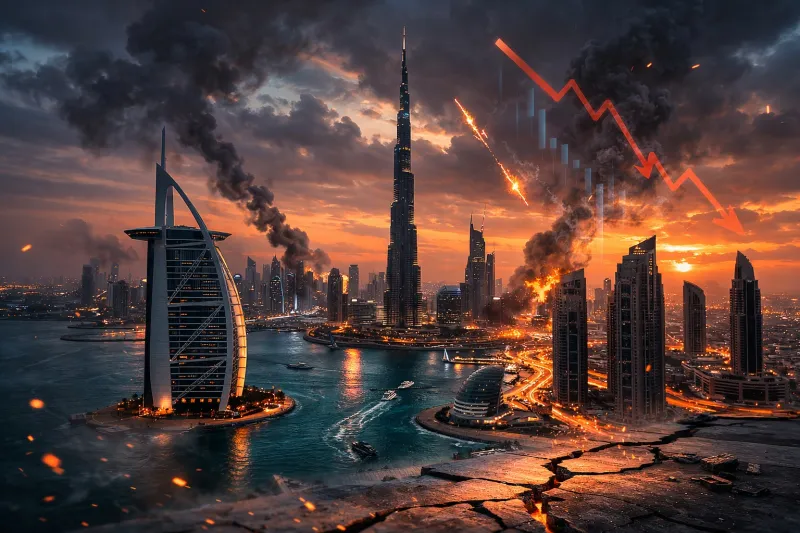 City in crisis at sunset