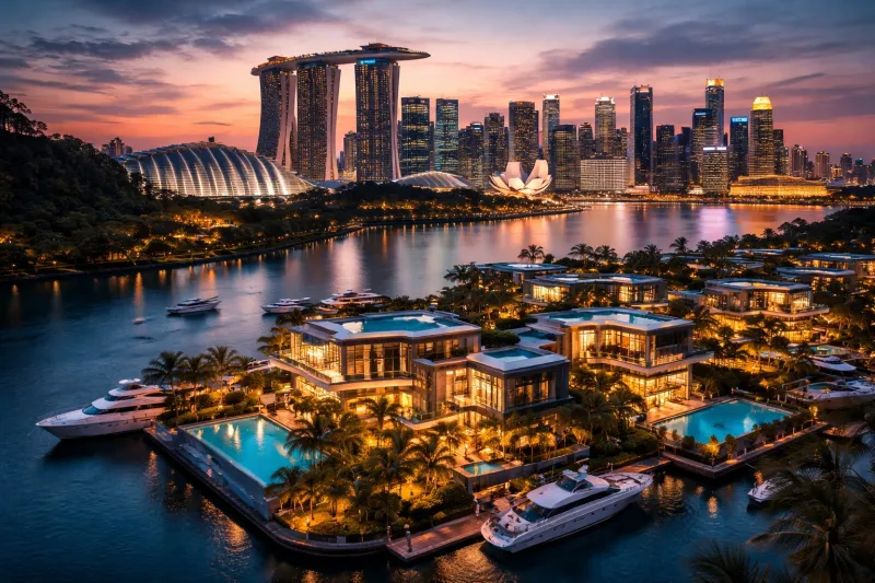 Twilight over Singapore's luxury waterfront