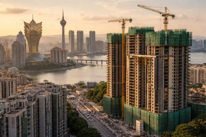 Macau skyline with construction and landmarks