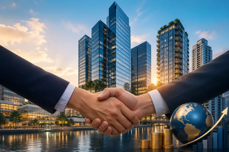 Business deal at sunset with cityscape