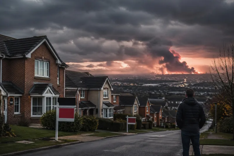 Stormy skies over a burning city