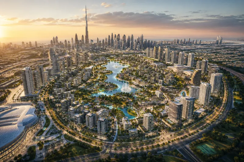 Futuristic cityscape at golden hour