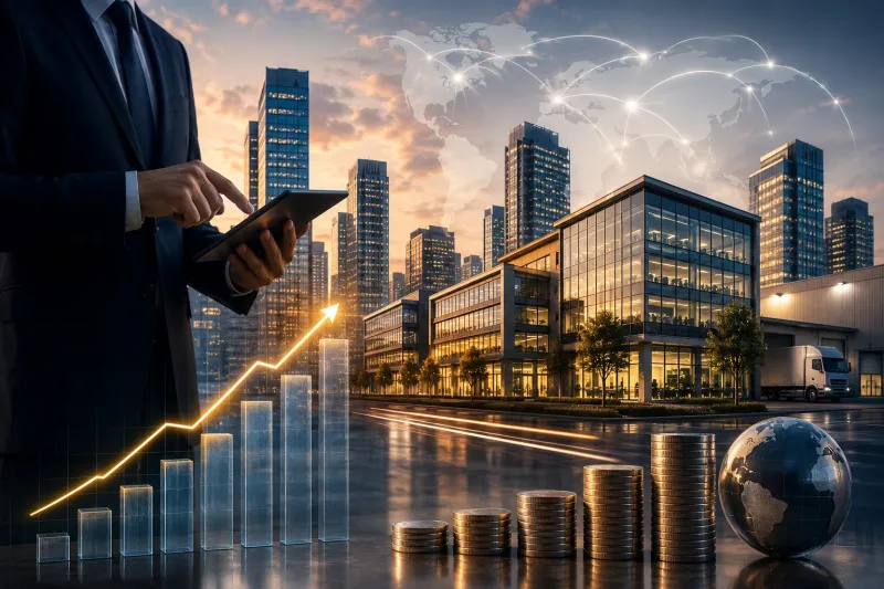 Business growth at sunset cityscape