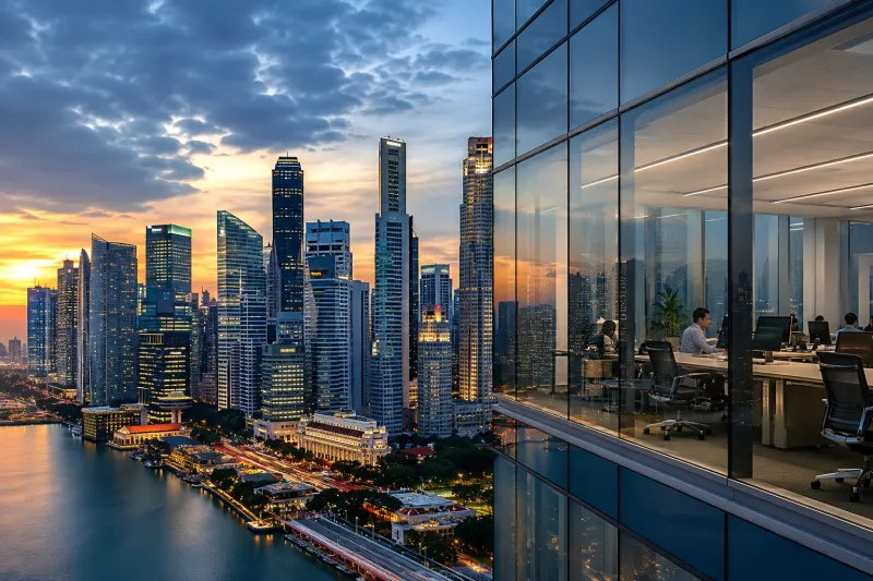 City skyline at sunset from office