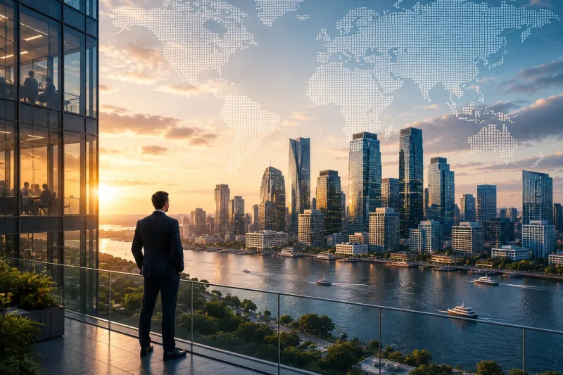 Sunset over a global city skyline