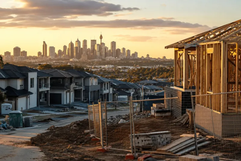 Construction at golden hour near skyline