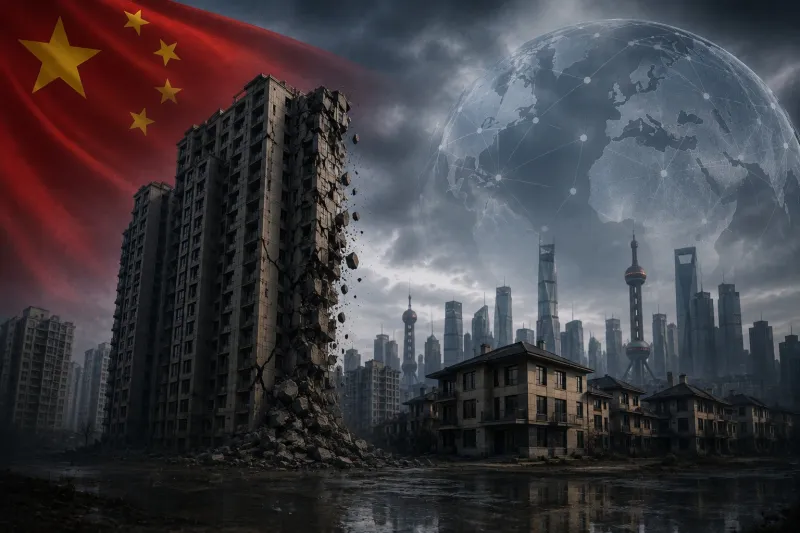 Dystopian city under a stormy sky