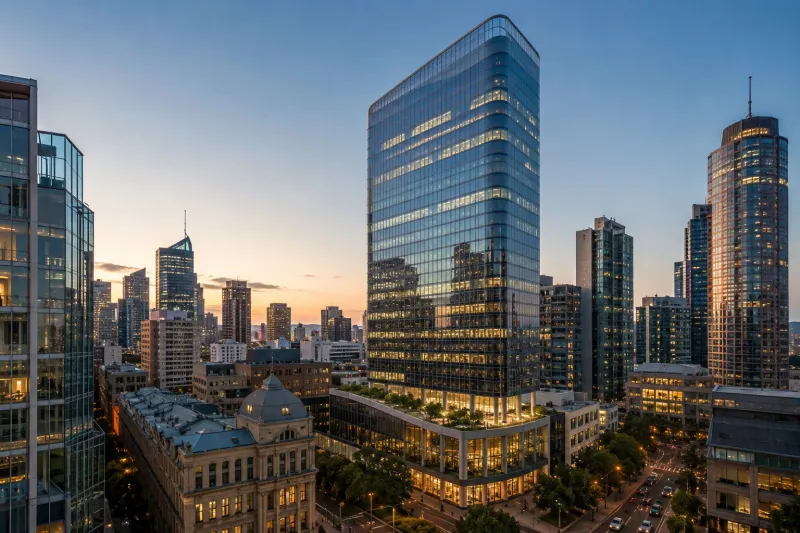 Glass Towers Over a Dusk Cityscape