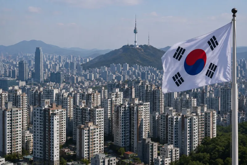 South Korean Cityscape with Waving Flag