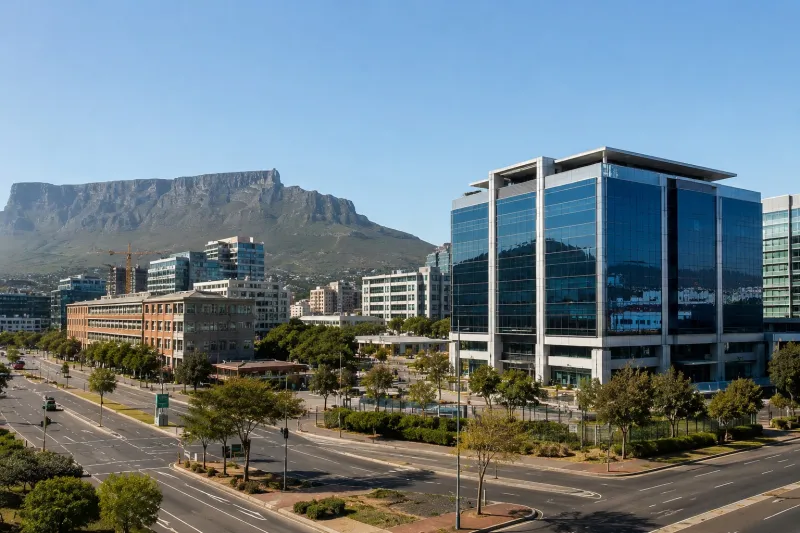Modern Cityscape Beneath a Plateau Mountain