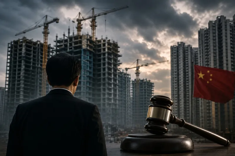 Gavel Over a Stormy Cityscape