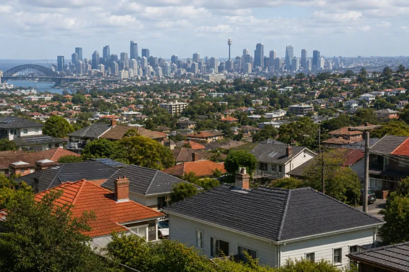 Suburban Rooftops Overlooking Harbor Skyline