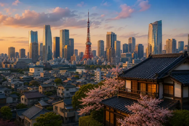Tokyo Sunset Skyline with Sakura